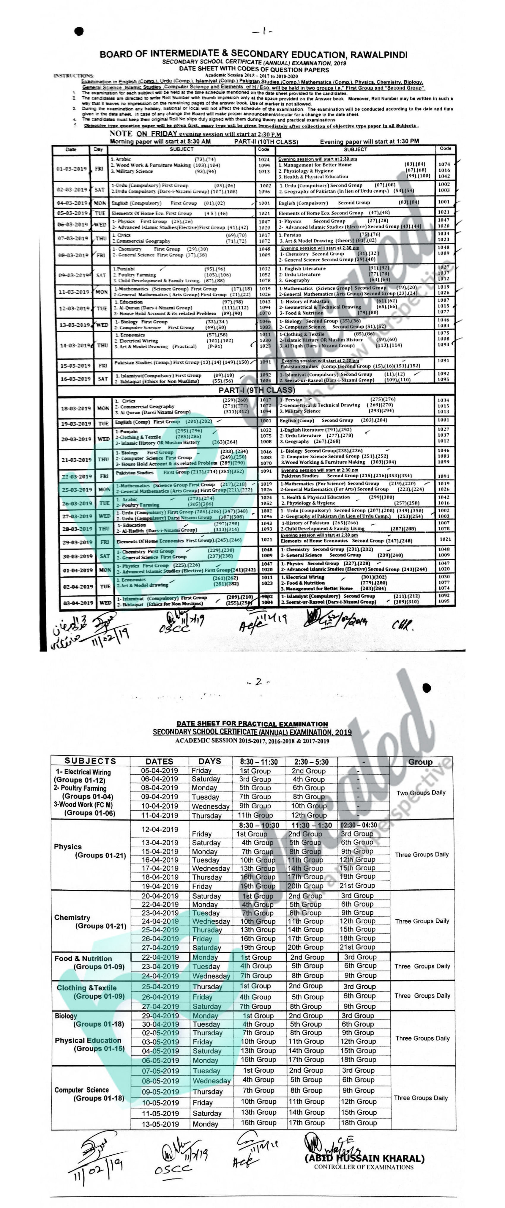 Bise Rawalpindi Matric 10th Class Date Sheet 2020 Ssc Date Sheet 2020