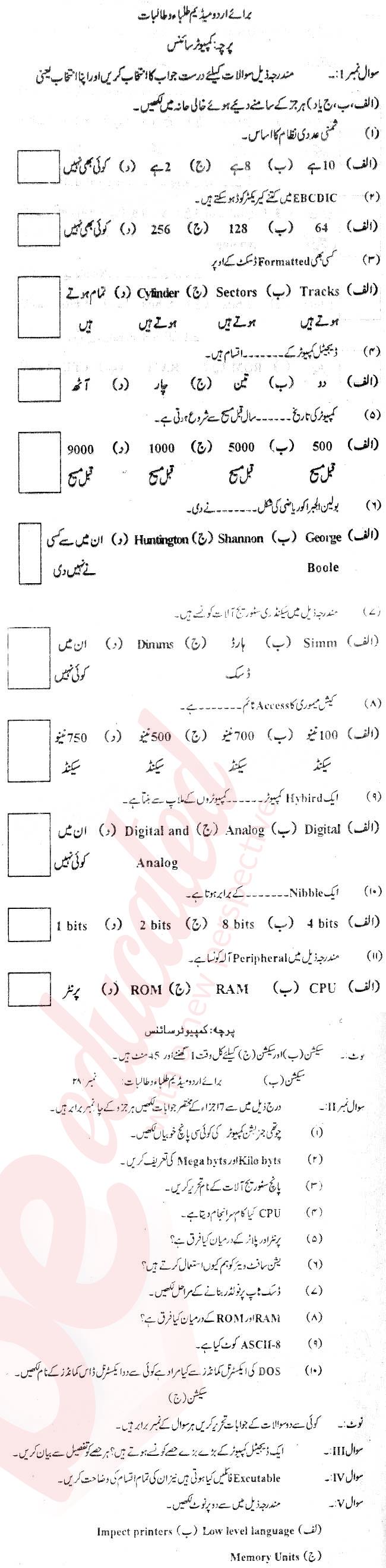 Computer Science 9th Urdu Medium Past Paper Group 1 BISE Peshawar 2012
