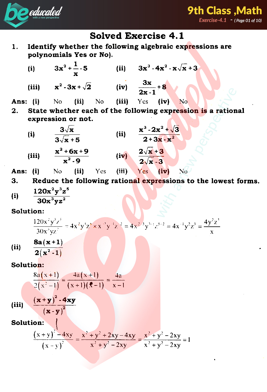 Exercise 4 1 Math 9th Class Notes Matric Part 1 Notes