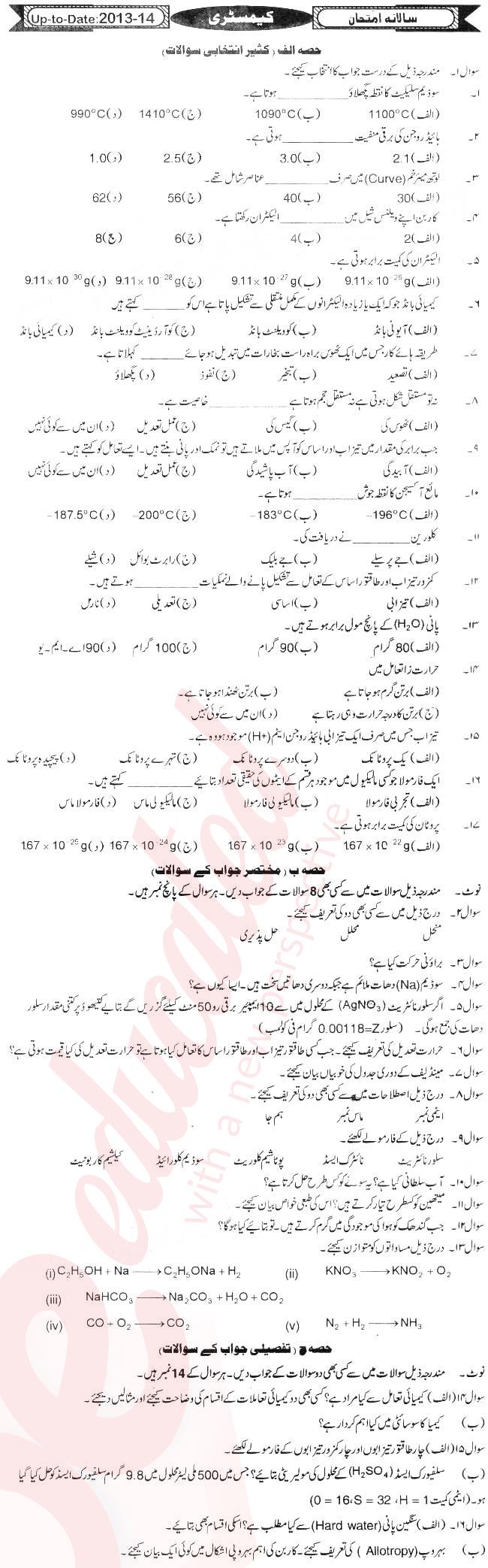 Chemistry 9th Urdu Medium Past Paper Group 1 BISE Sukkur 2013