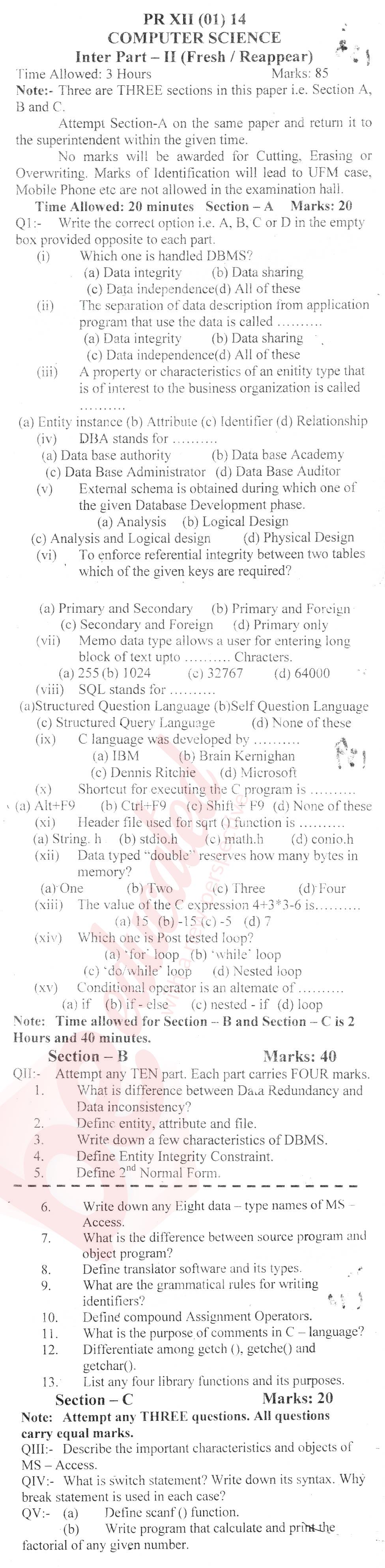 Computer Science ICS Part 2 Past Paper Group 1 BISE Abbottabad 2014