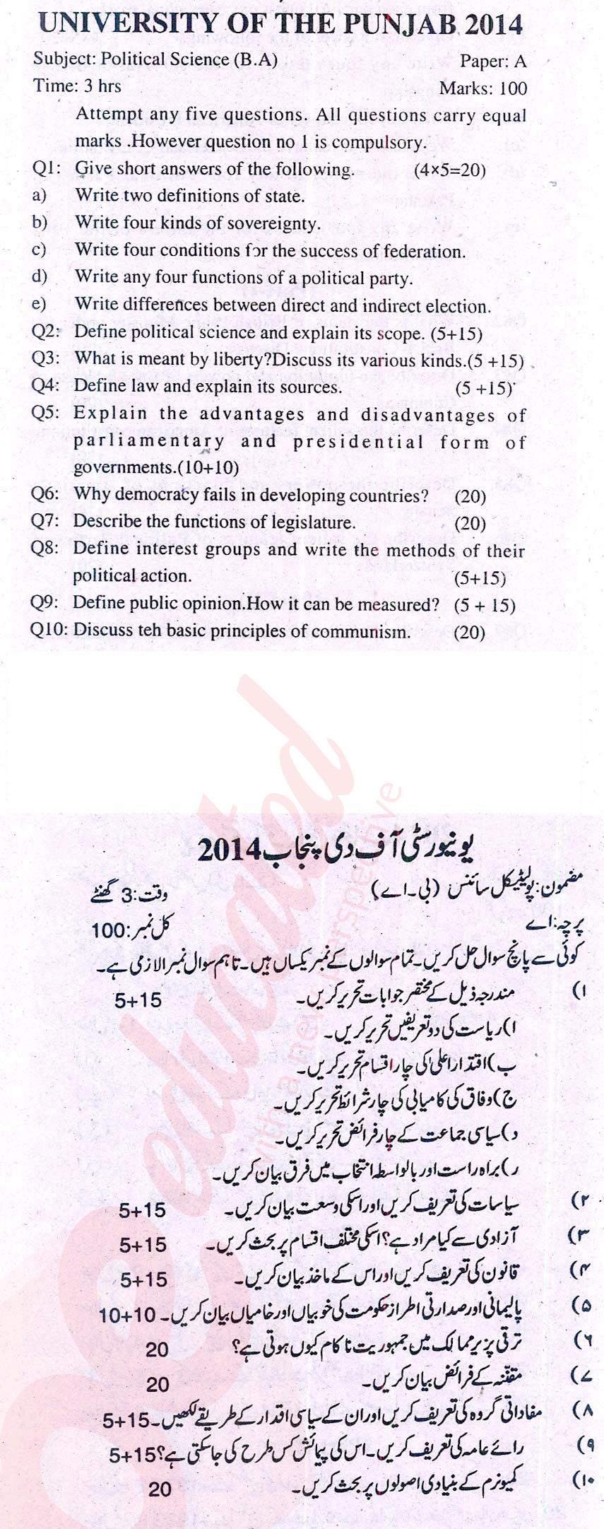 Political Science BA Part 1 Past Paper Group 1 Punjab University 2014