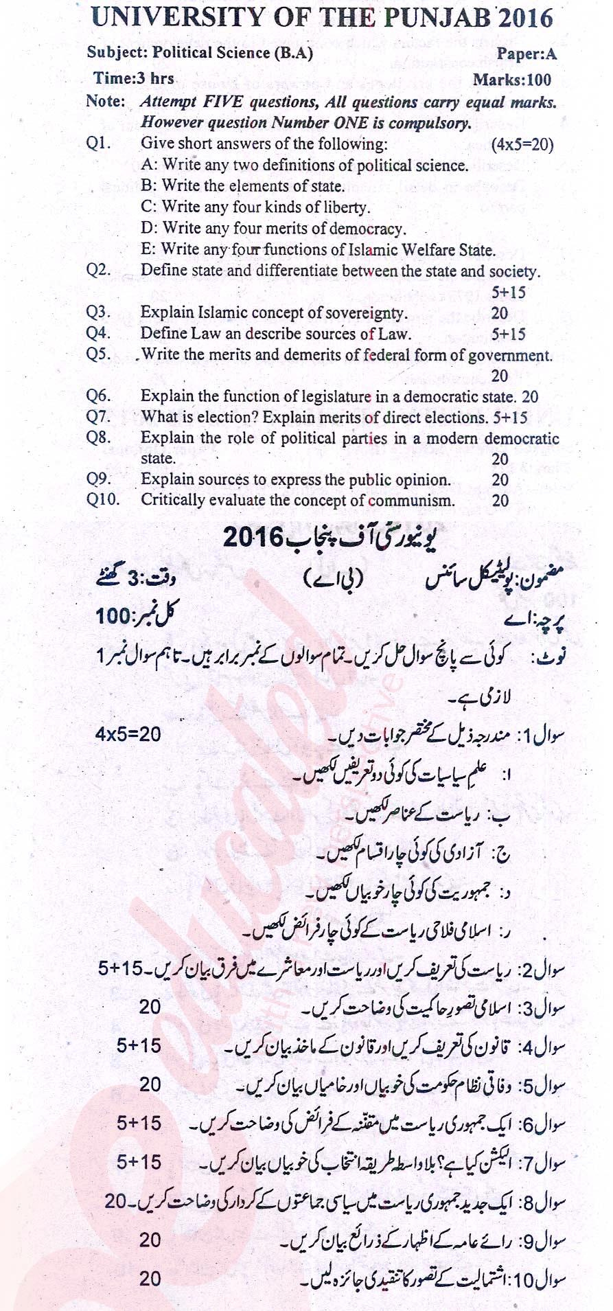 Political Science BA Part 1 Past Paper Group 1 Punjab University 2016