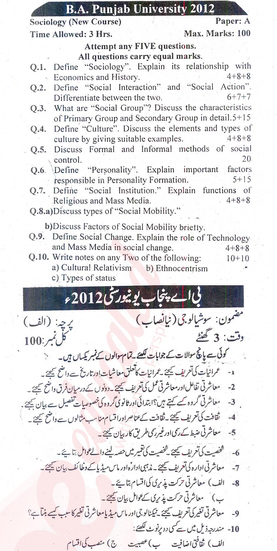 Sociology BA Part 1 Past Paper Group 1 Punjab University 2012