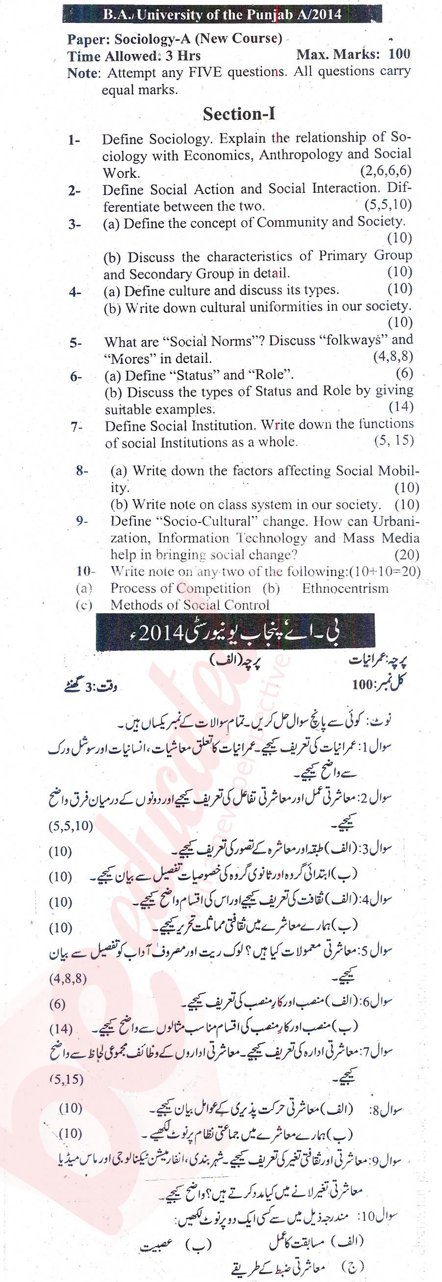 Sociology BA Part 1 Past Paper Group 1 Punjab University 2014