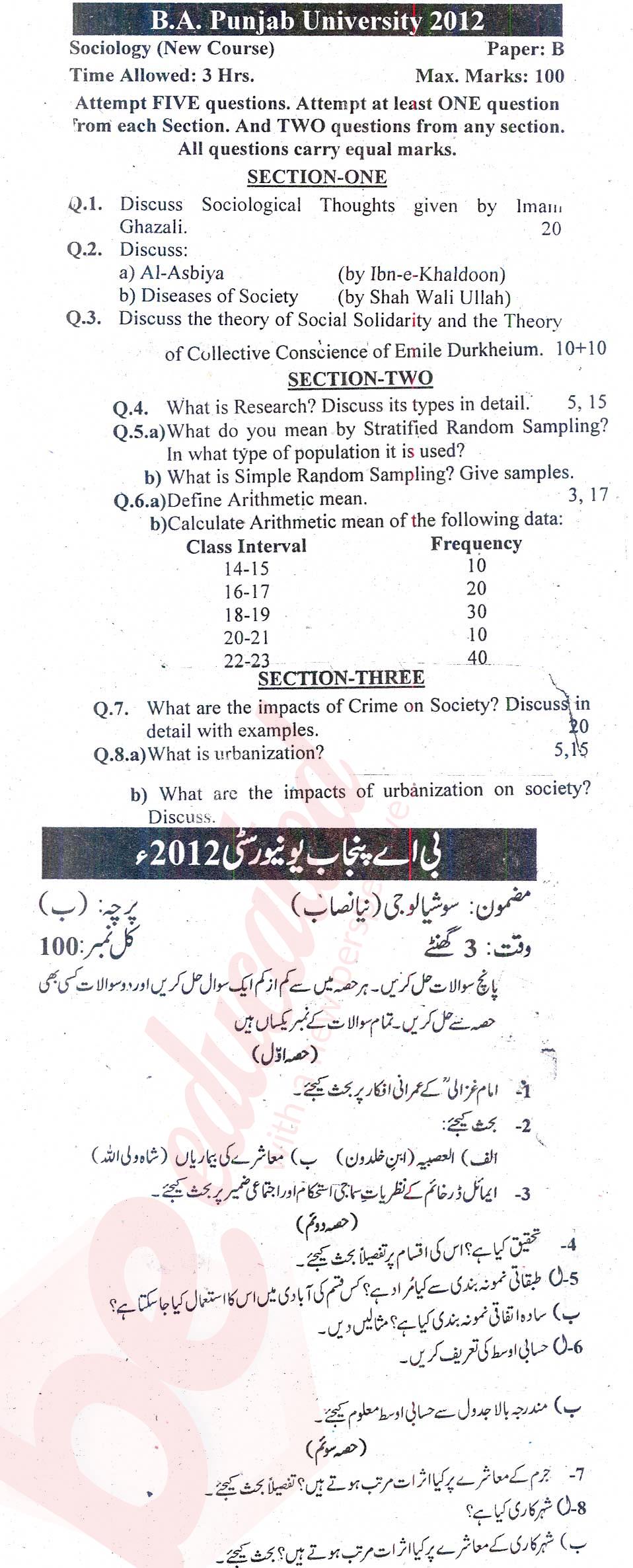 Sociology BA Part 2 Past Paper Group 1 Punjab University 2012