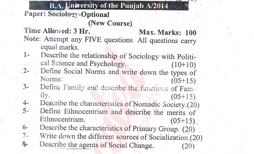 Sociology Optional BA Part 2 Past Paper Group 1 Punjab University 2014