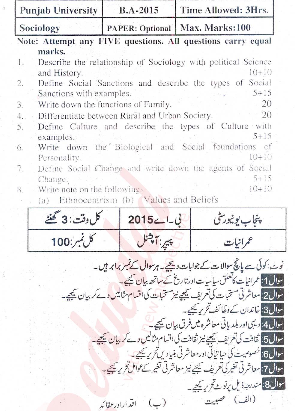 Sociology Optional BA Part 2 Past Paper Group 1 Punjab University 2015