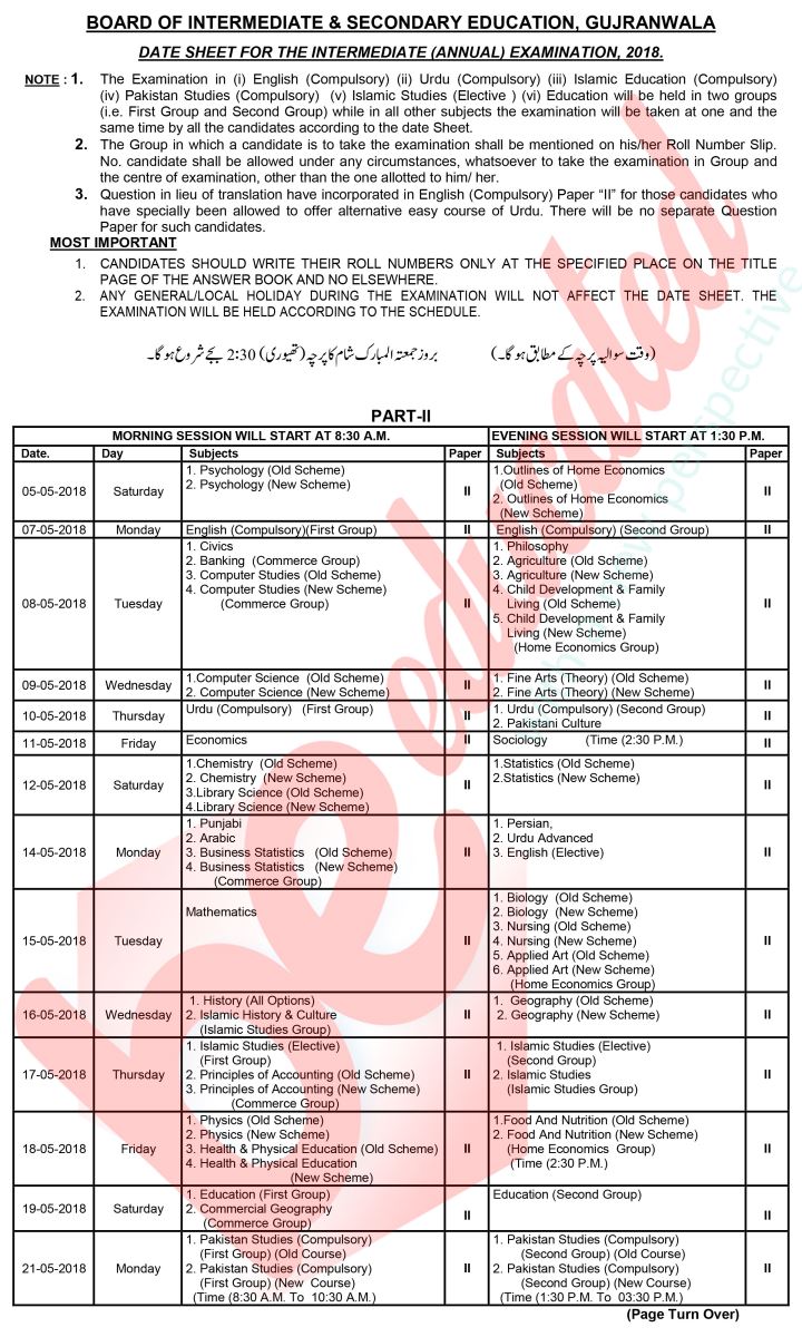 12th Class Date Sheet 2019 Gujranwala Board FSc ICS FA Inter Part 2